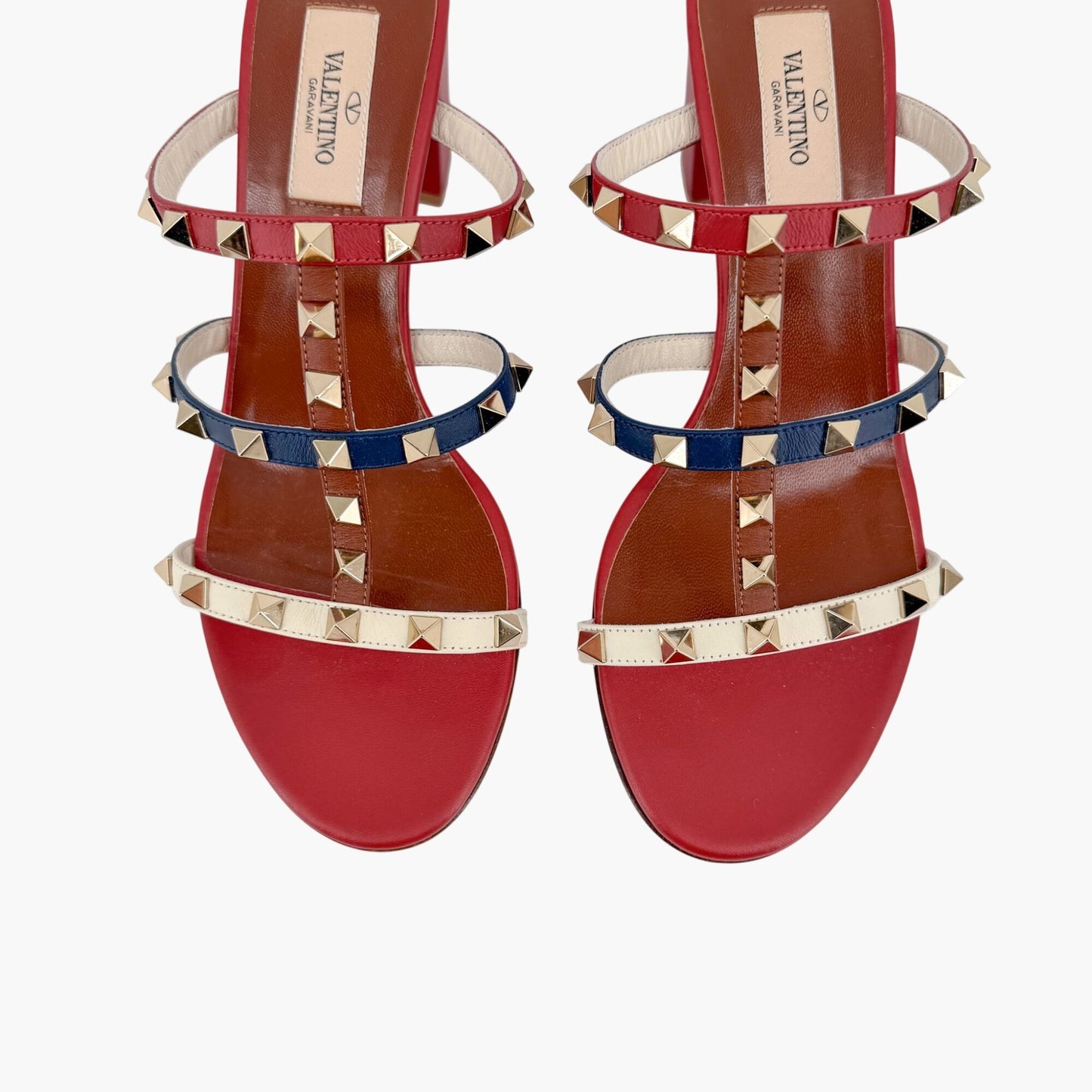 Valentino Garavani Rockstud Caged Mule Sandals in Red, Blue & White Size 38.5