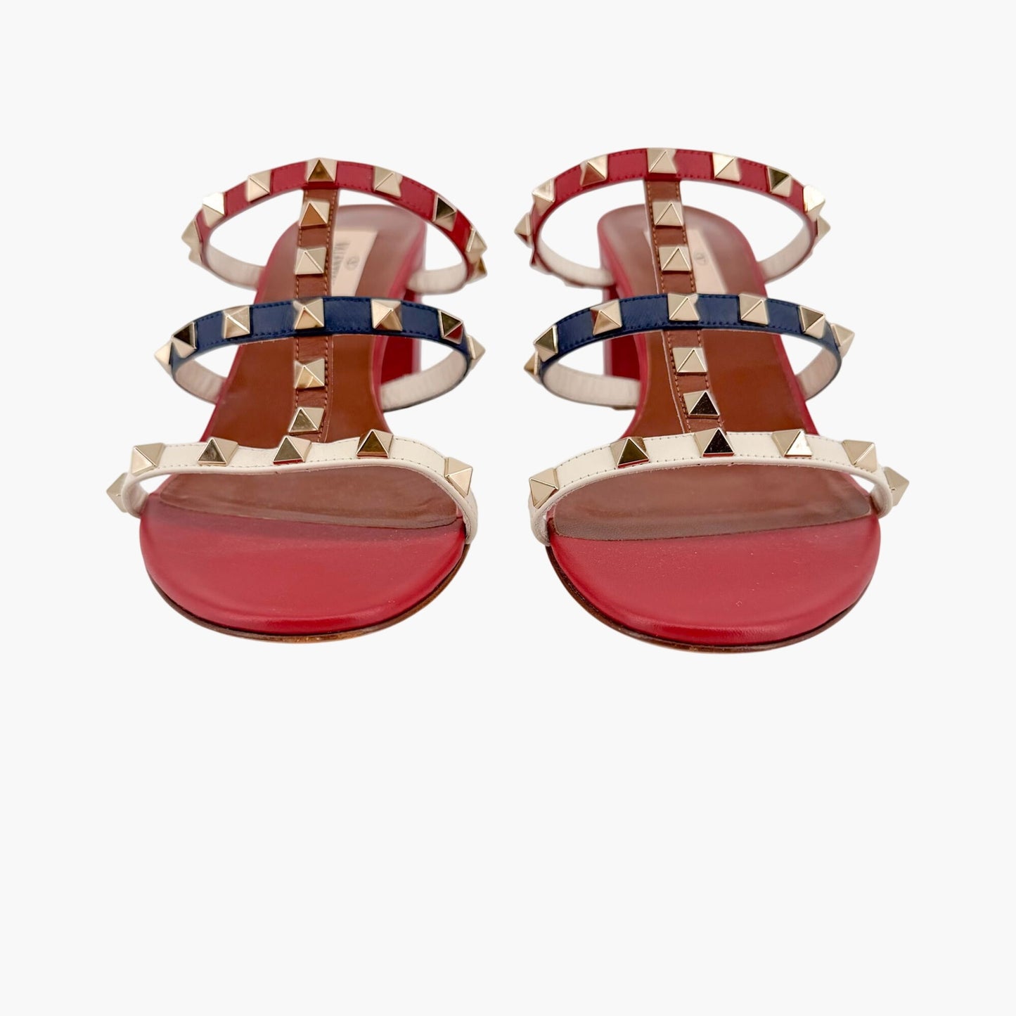 Valentino Garavani Rockstud Caged Mule Sandals in Red, Blue & White Size 38.5