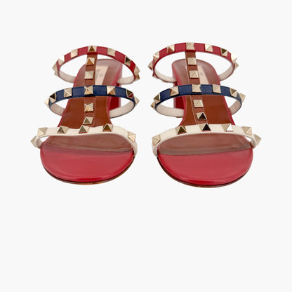 Valentino Garavani Rockstud Caged Mule Sandals in Red, Blue & White Size 38.5