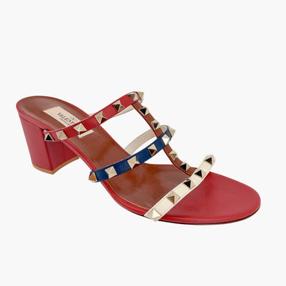 Valentino Garavani Rockstud Caged Mule Sandals in Red, Blue & White Size 38.5