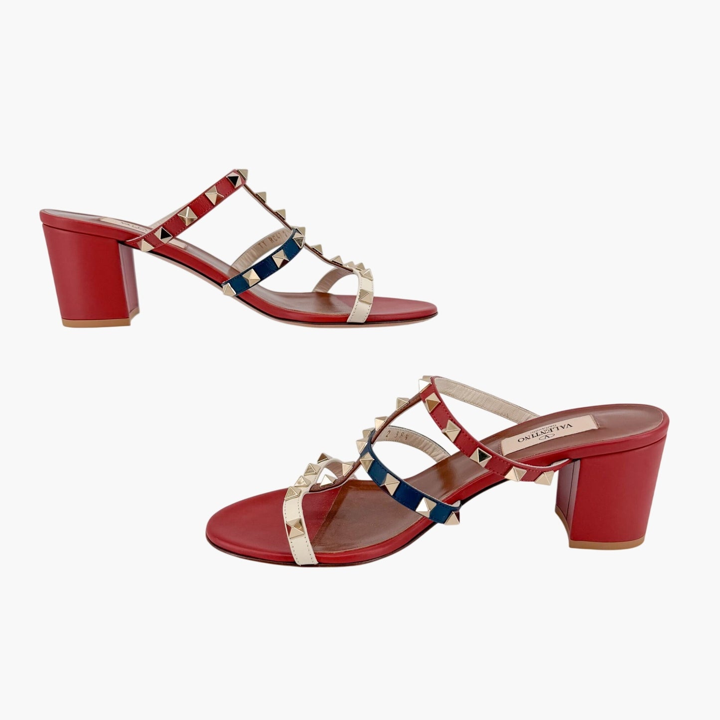 Valentino Garavani Rockstud Caged Mule Sandals in Red, Blue & White Size 38.5