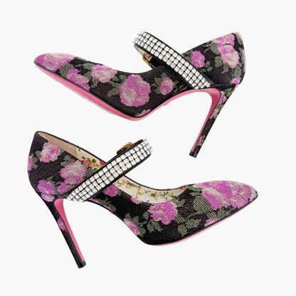 Gucci Sylvie Crystal-Embellished Mary Jane Pump in Black Floral Jacquard Size 36.5