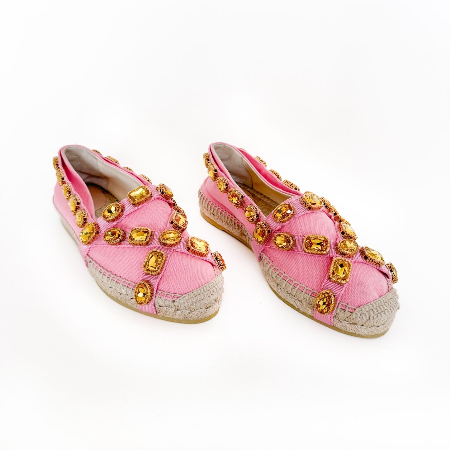 Gucci Pepita Crystal-Embellished Espadrille Flats in Pink Canvas Size 39