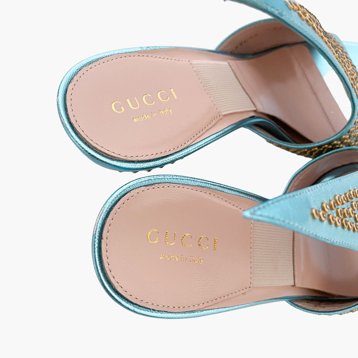 Gucci Fedra Crystal-Embellished Mules in Cielo (Metallic Blue) Size 37