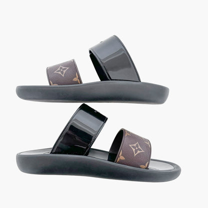 Louis Vuitton Sunbath Flat Mules in Brown Monogram Canvas & Black Rubber Size 37