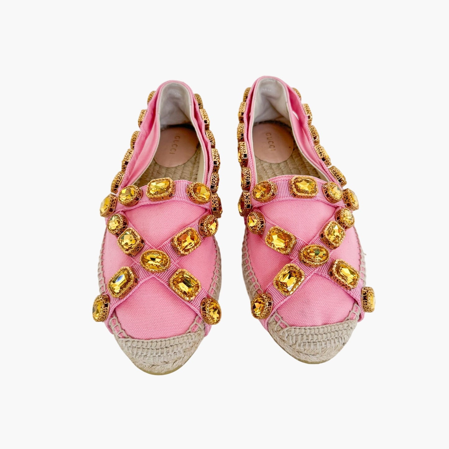 Gucci Pepita Crystal-Embellished Espadrille Flats in Pink Canvas Size 39