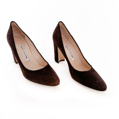 Manolo Blahnik Tucciototo 90mm Block Heel Pumps in Brown Suede Size 38