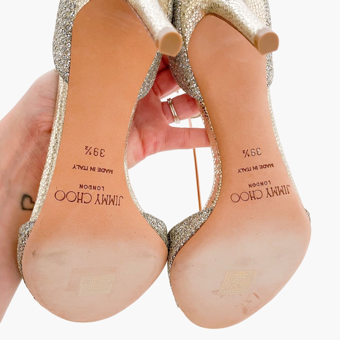 Jimmy Choo Annie 85 Sandals in Metallic Gold Mesh Size 39.5