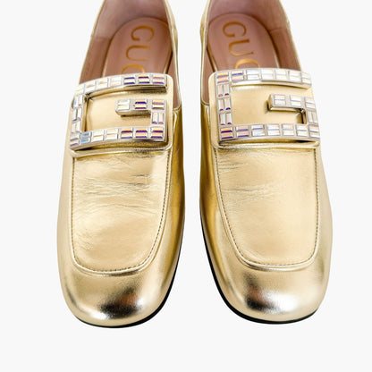 Gucci Madelyn Crystal G Loafers in Metallic Gold Size 40