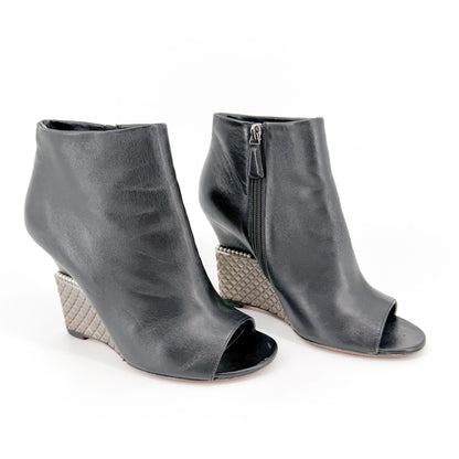 Chanel Pearl Quilted Wedge Ankle Booties Black Size 39