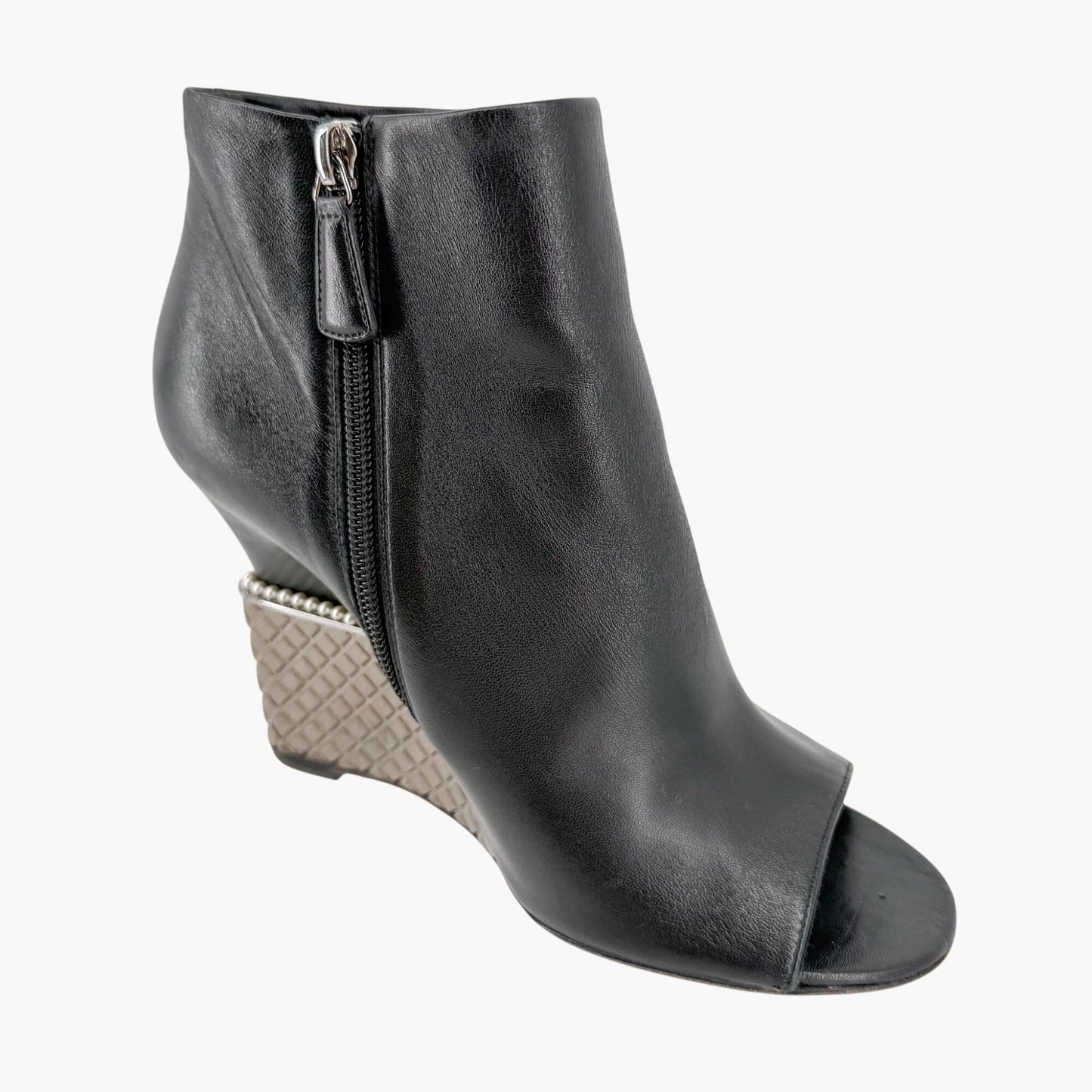 Chanel Pearl Quilted Wedge Ankle Booties Black Size 39