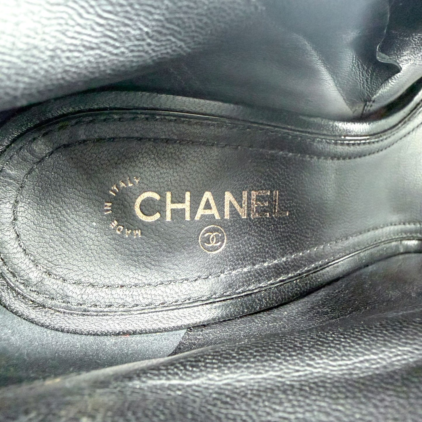Chanel Pearl Quilted Wedge Ankle Booties Black Size 39