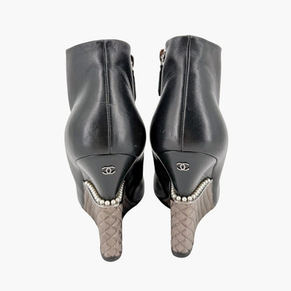 Chanel Pearl Quilted Wedge Ankle Booties Black Size 39