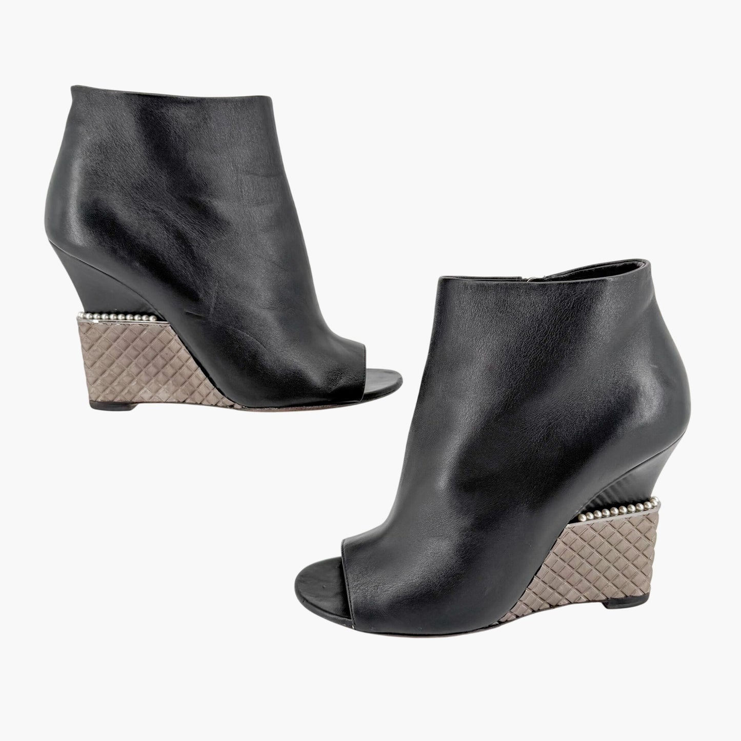 Chanel Pearl Quilted Wedge Ankle Booties Black Size 39