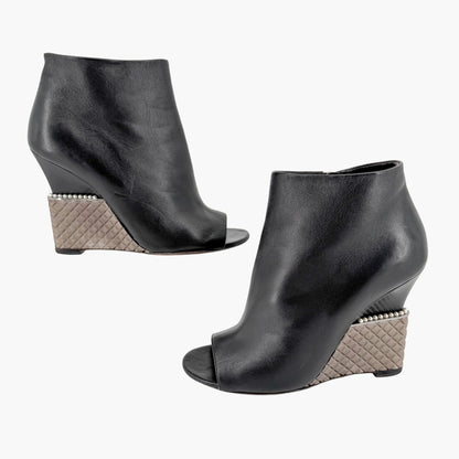 Chanel Pearl Quilted Wedge Ankle Booties Black Size 39