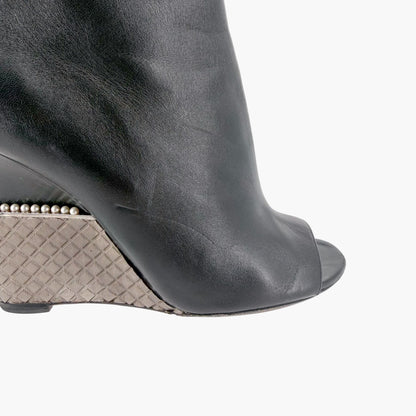 Chanel Pearl Quilted Wedge Ankle Booties Black Size 39