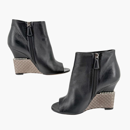 Chanel Pearl Quilted Wedge Ankle Booties Black Size 39
