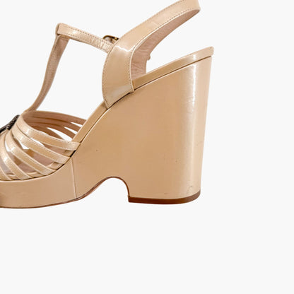 Chanel CC Platform Wedge Sandals in Beige/Champagne Patent Leather Size 41