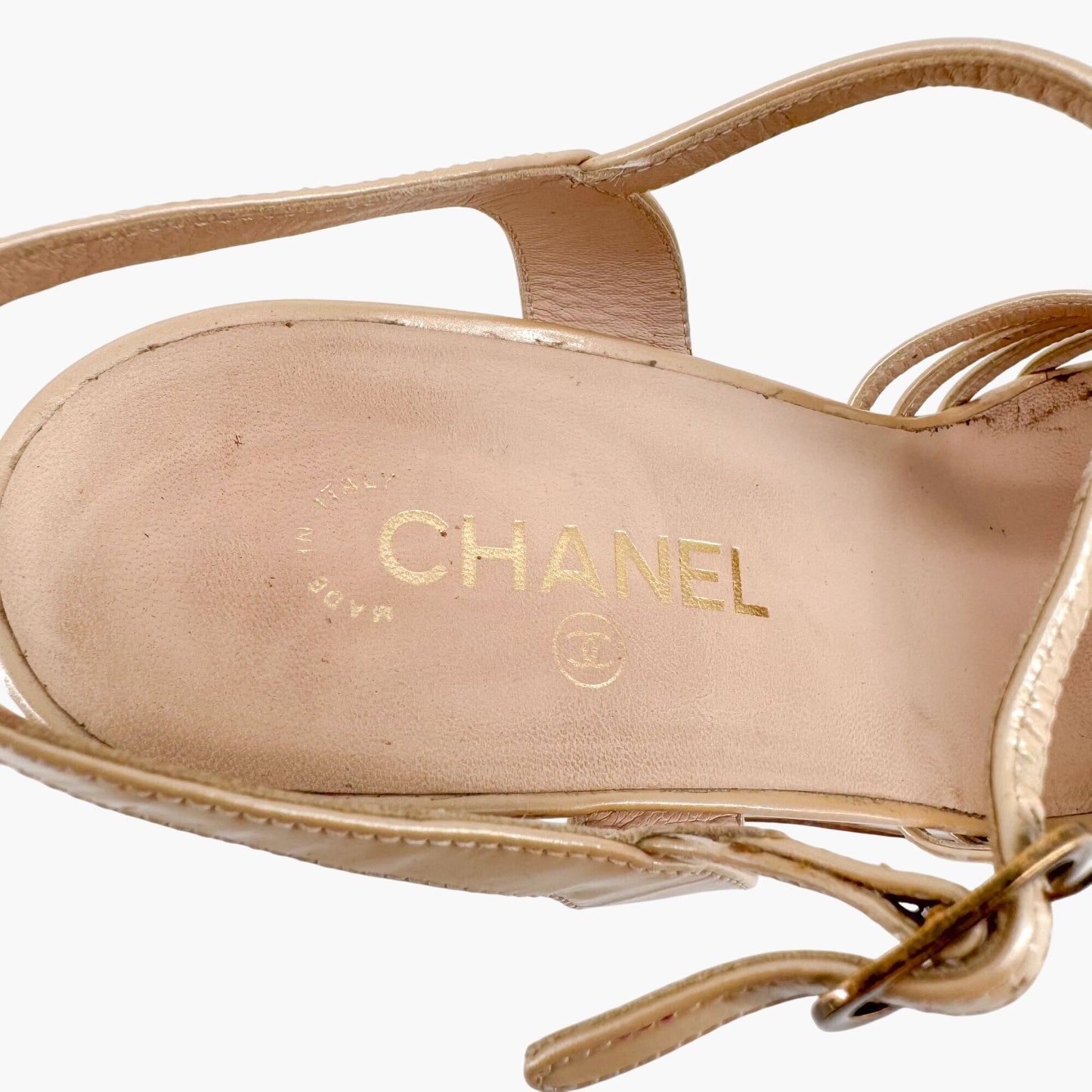 Chanel CC Platform Wedge Sandals in Beige/Champagne Patent Leather Size 41