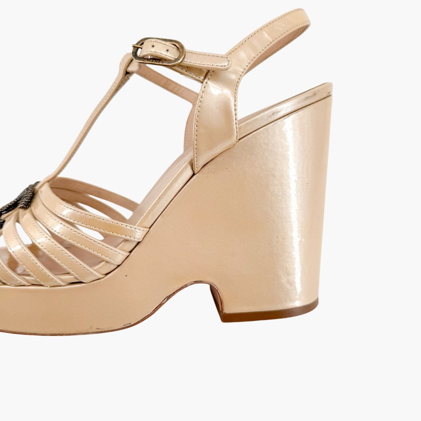 Chanel CC Platform Wedge Sandals in Beige/Champagne Patent Leather Size 41