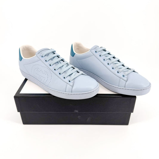 Gucci Ace GG Interlock Sneakers in Light Blue Leather Size 38.5