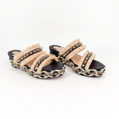 Christian Louboutin Voltinoudou Black & Beige Wedge Sandals Size 38
