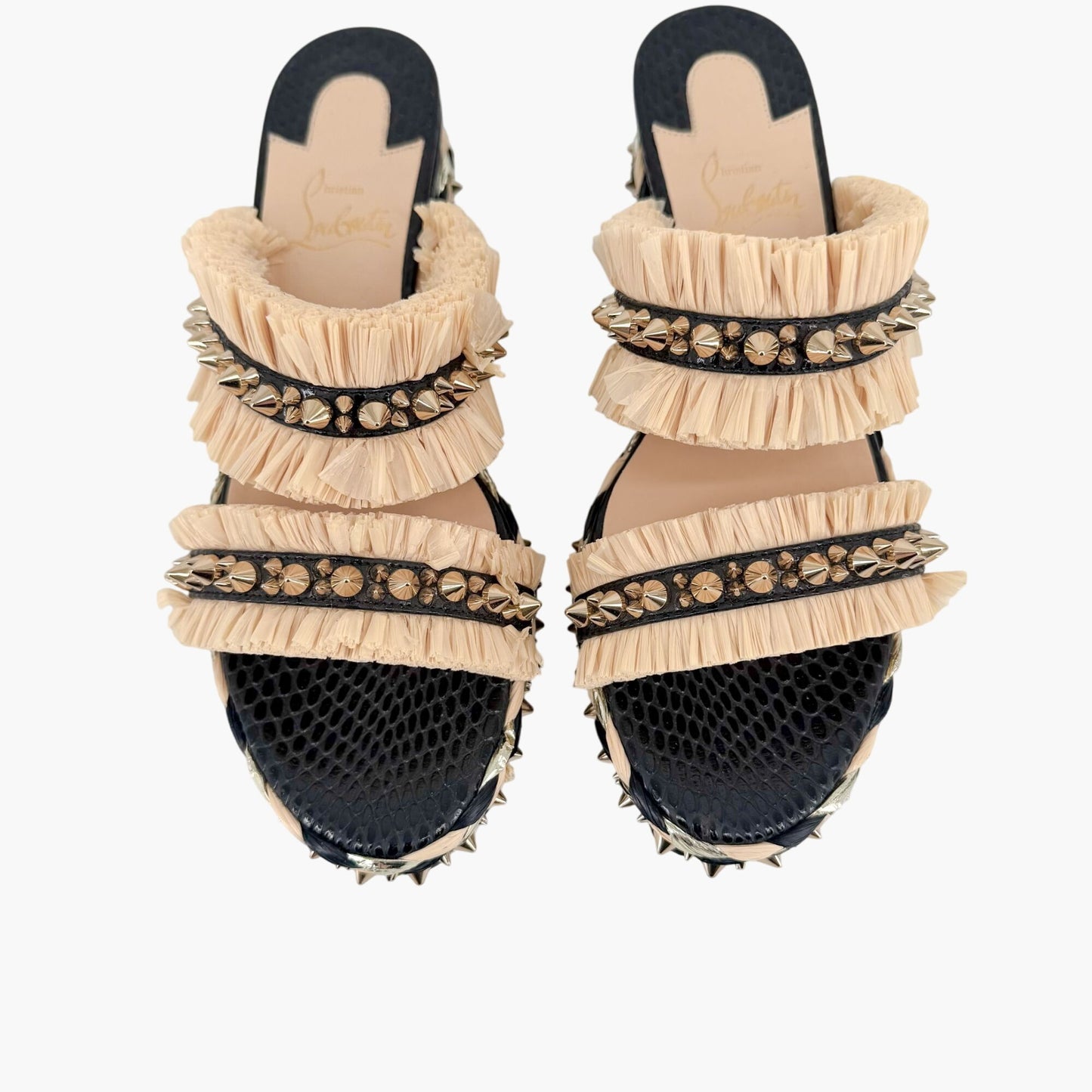 Christian Louboutin Voltinoudou Black & Beige Wedge Sandals Size 38