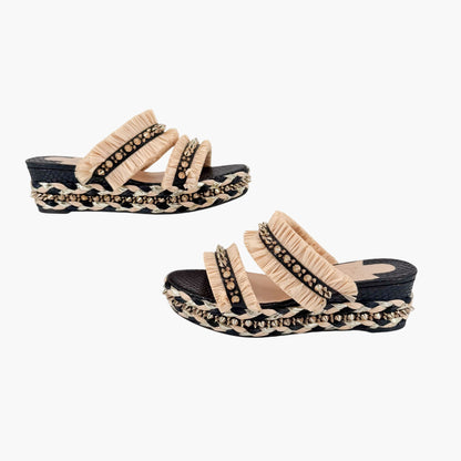 Christian Louboutin Voltinoudou Black & Beige Wedge Sandals Size 38