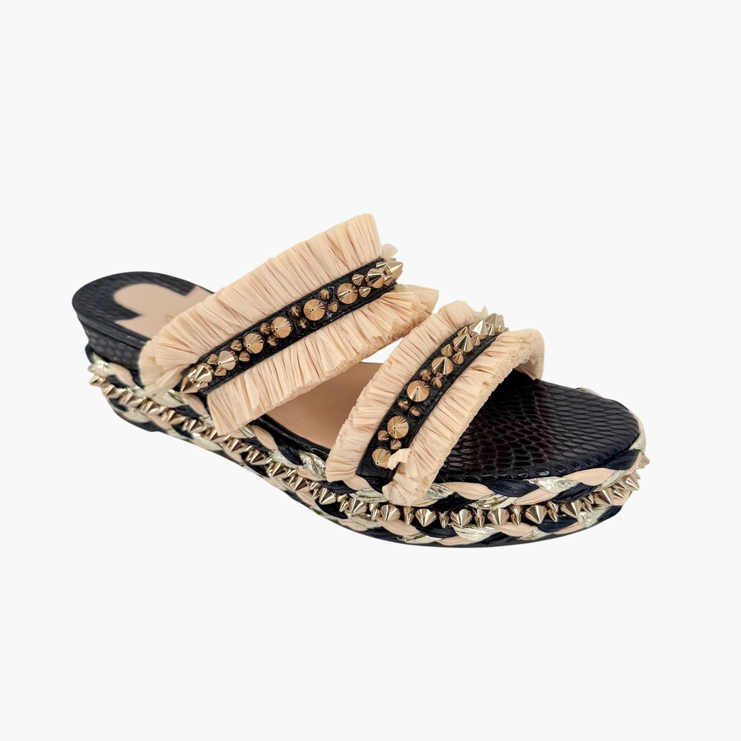 Christian Louboutin Voltinoudou Black & Beige Wedge Sandals Size 38