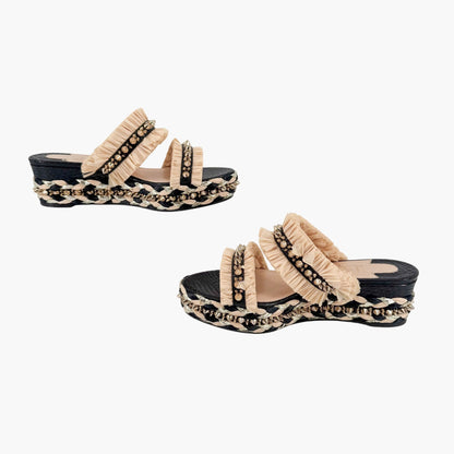 Christian Louboutin Voltinoudou Black & Beige Wedge Sandals Size 38