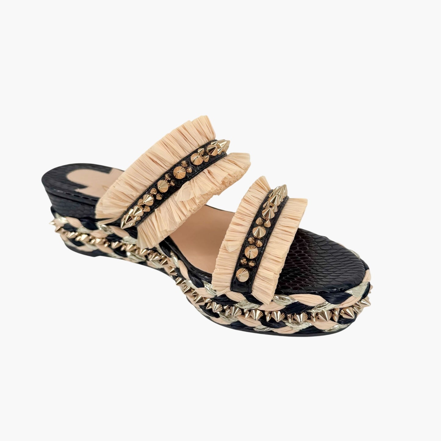 Christian Louboutin Voltinoudou Black & Beige Wedge Sandals Size 38