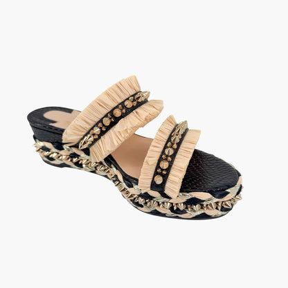 Christian Louboutin Voltinoudou Black & Beige Wedge Sandals Size 38
