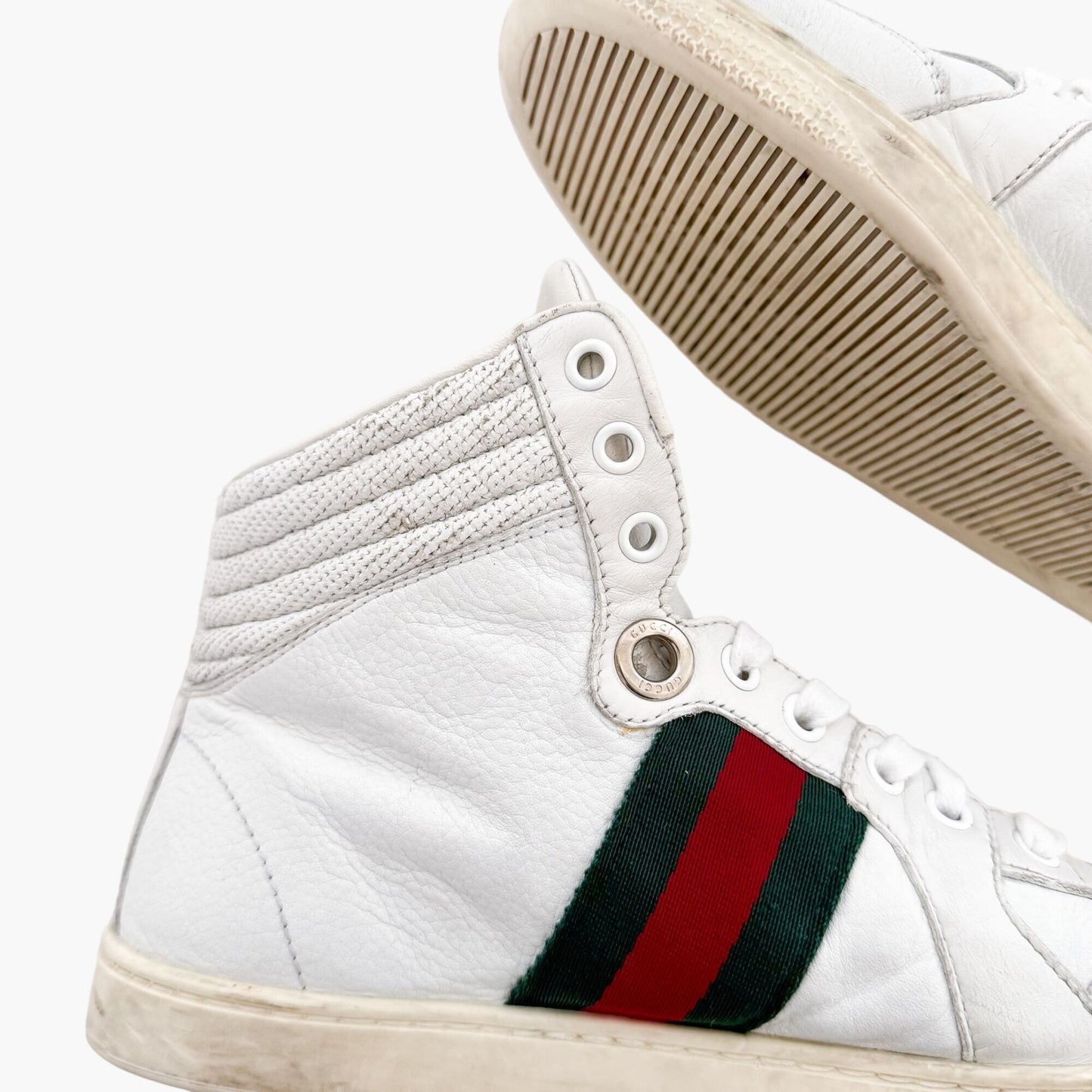 Gucci Coda High Top Web Stripe Sneakers in White Leather Size 37