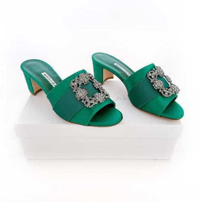 Manolo Blahnik Martanew Jewel Buckle Mules in Green Satin Size 38.5