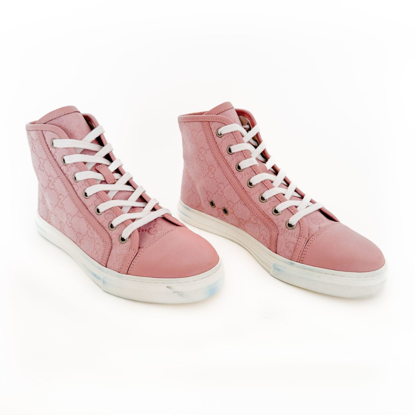 Gucci Rebel High Top Sneakers in Pink GG Monogram Canvas Size 37