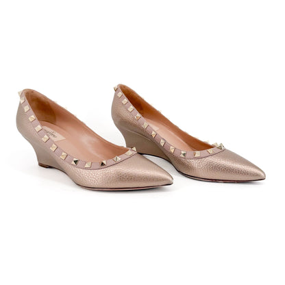 Valentino Rockstud Wedge Pumps Rose Gold Size 37