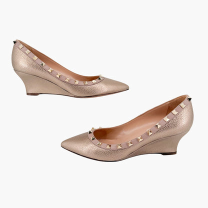 Valentino Rockstud Wedge Pumps Rose Gold Size 37