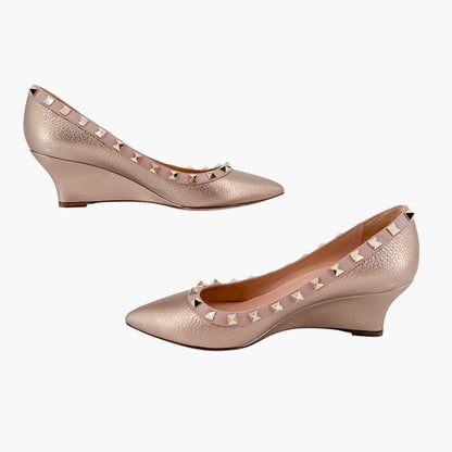 Valentino Rockstud Wedge Pumps Rose Gold Size 37