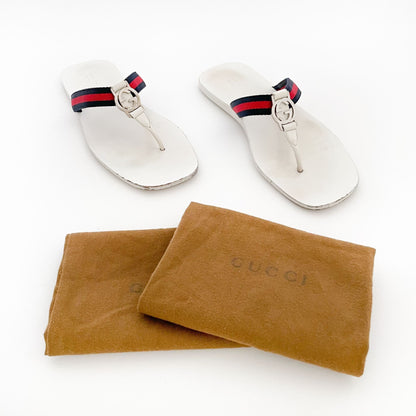 Gucci GG Web Stripe Thong Sandals in White Size 40 (Est.)