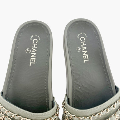 Chanel CC Chain Slide Sandals in Khaki Green Canvas Size 42