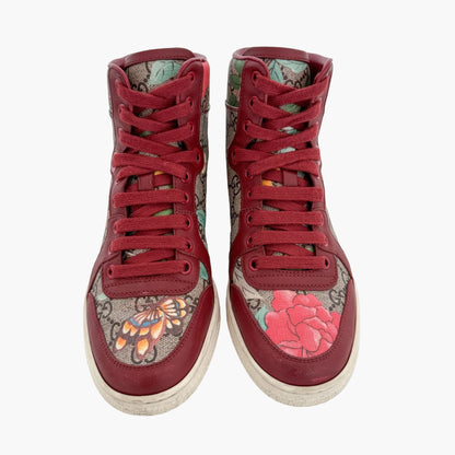 Gucci Tian High Top Sneakers in Floral GG Monogram Canvas & Red Leather Size 36