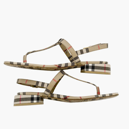 Burberry Emily T-Strap Flat Sandals in Beige Vintage Check Coated Canvas Size 37.5