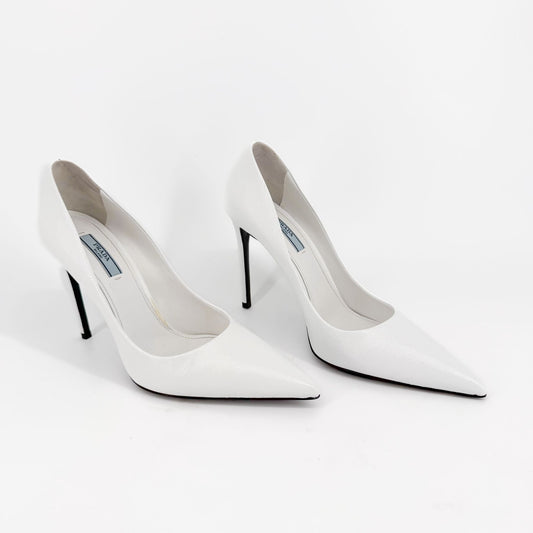Prada Pointed Toe Pumps White Saffiano Size 38.5