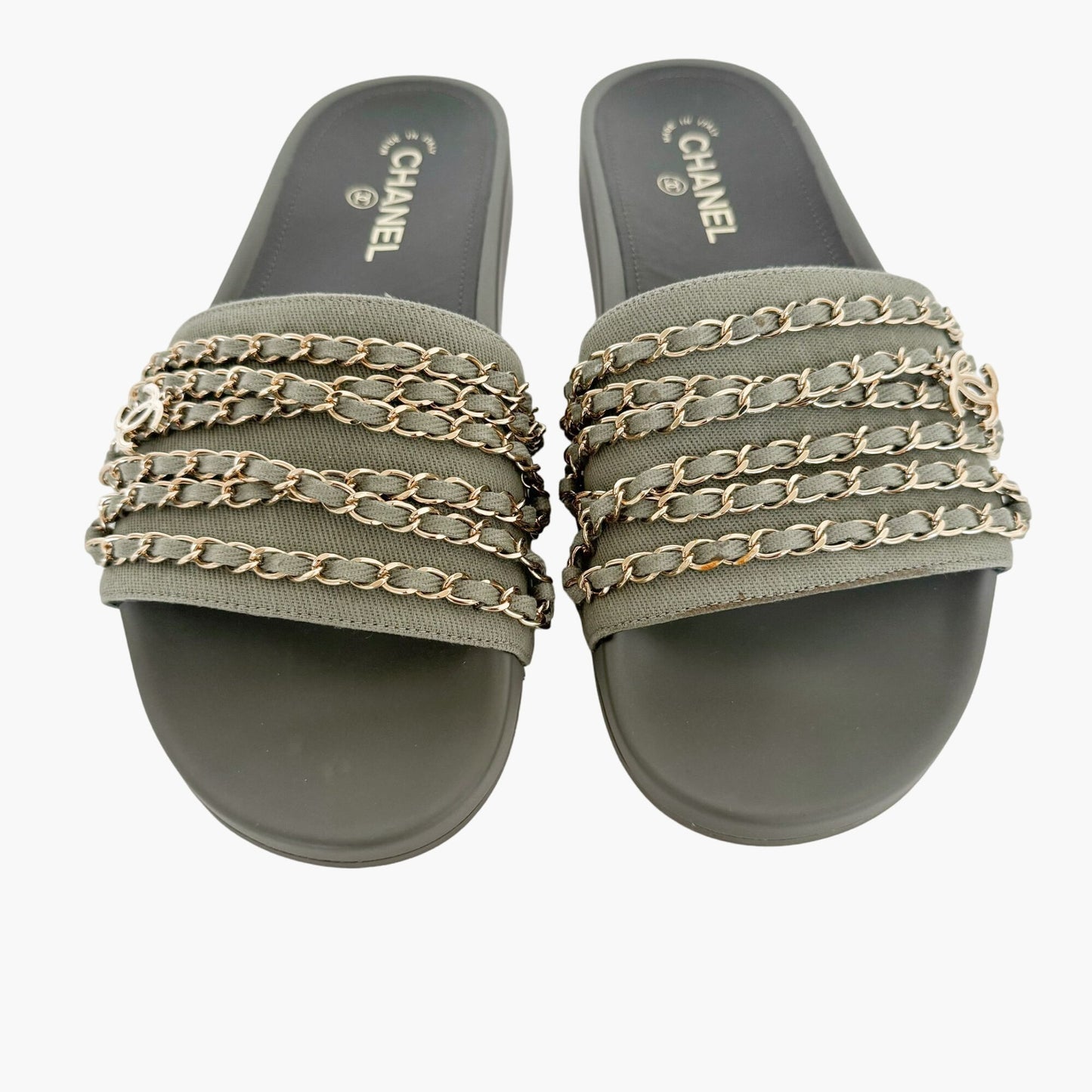 Chanel CC Chain Slide Sandals in Khaki Green Canvas Size 42