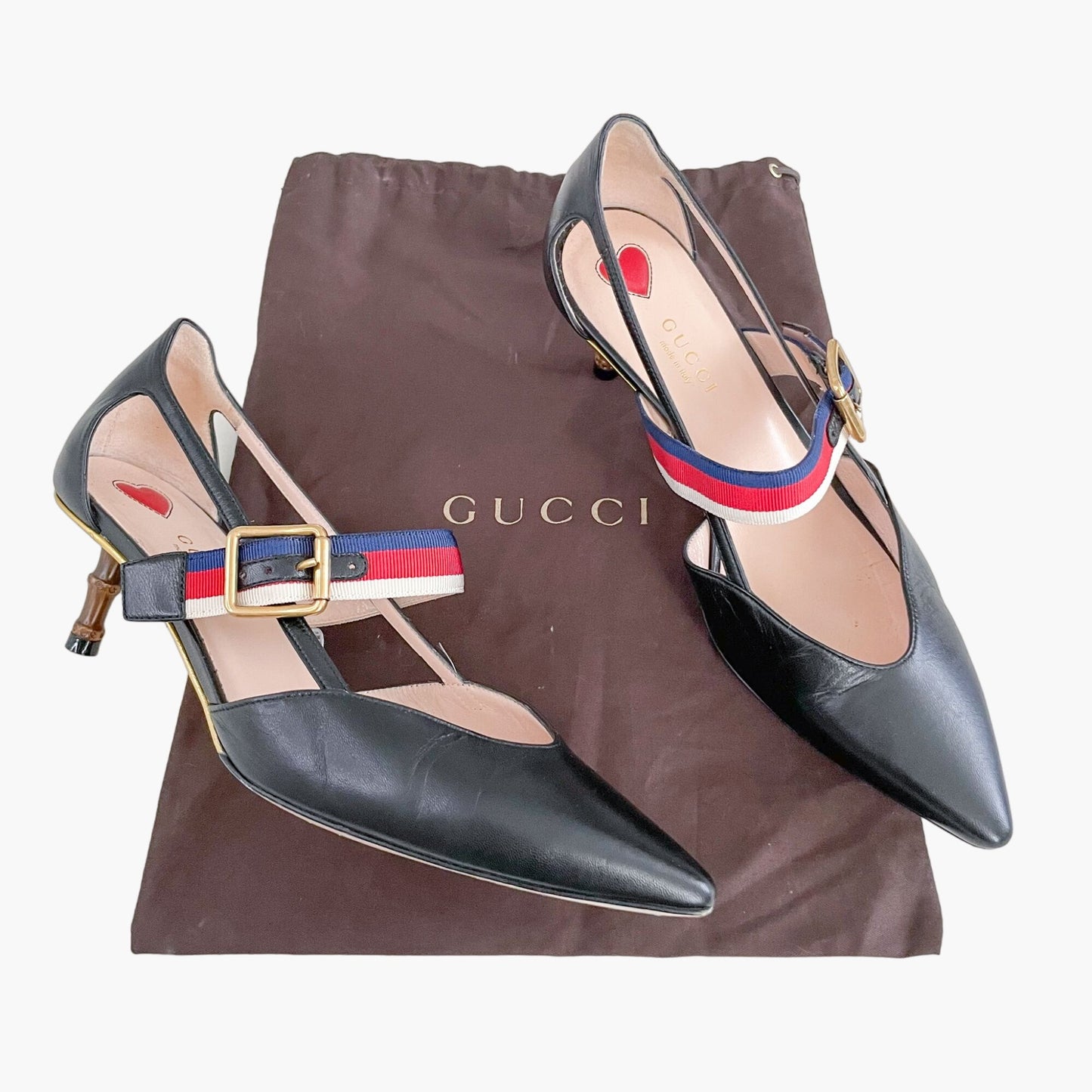Gucci Sylvie Web Strap Bamboo Heel Unia Pumps in Black Leather Size 36.5