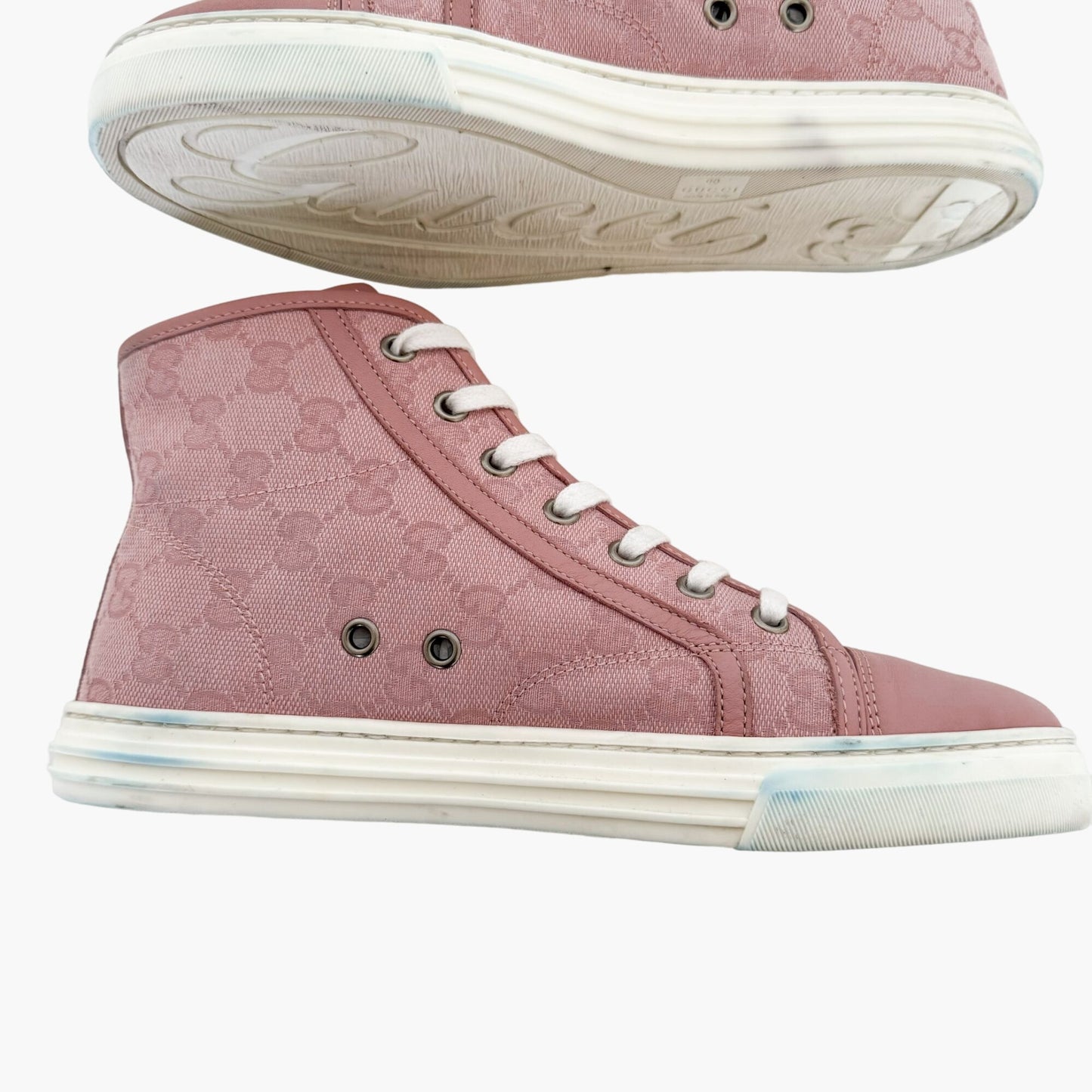 Gucci Rebel High Top Sneakers in Pink GG Monogram Canvas Size 37