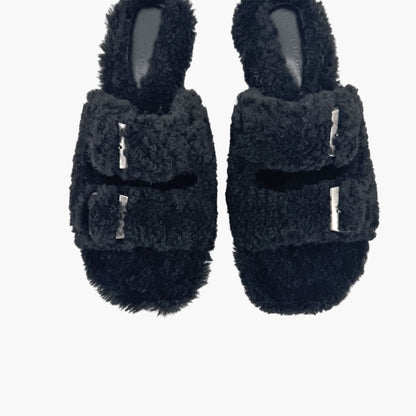 Amina Muaddi Millie Black Shearling Mule Slippers – Size 39.5