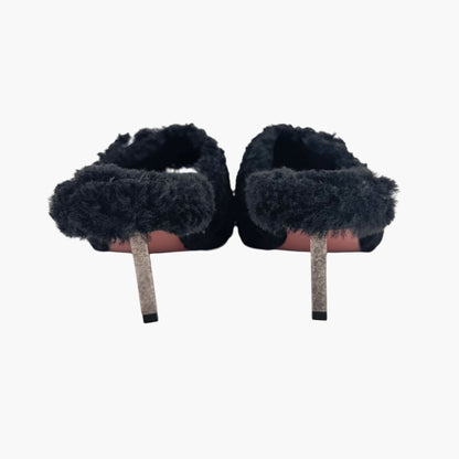 Amina Muaddi Millie Black Shearling Mule Slippers – Size 39.5