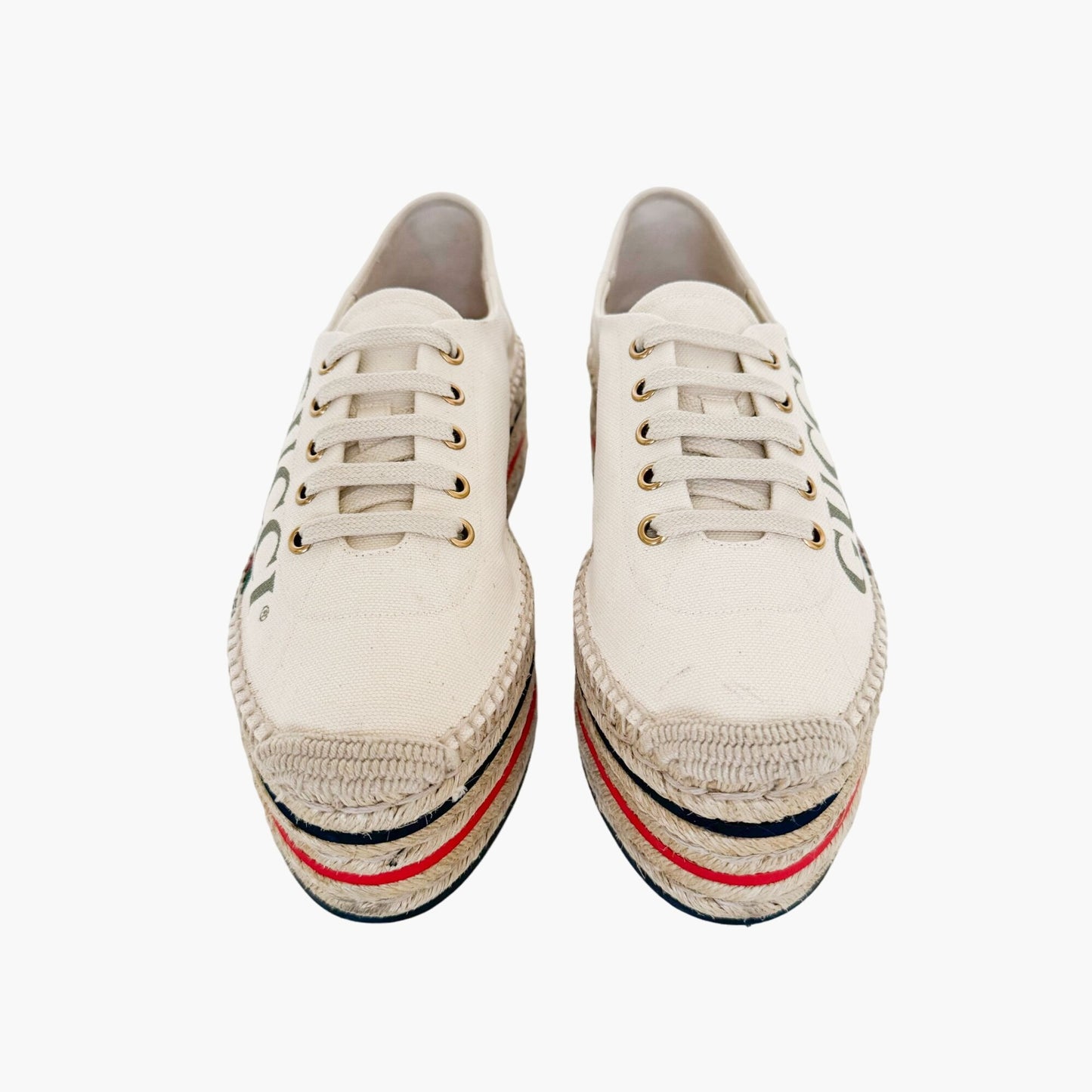 Gucci Lilibeth Lace-Up Platform Espadrille in Beige GG Web Stripe Canvas Size 39.5