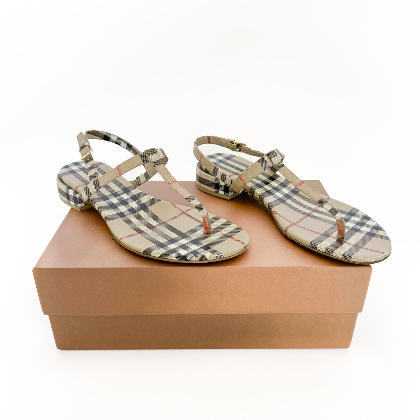 Burberry Emily T-Strap Flat Sandals in Beige Vintage Check Coated Canvas Size 37.5